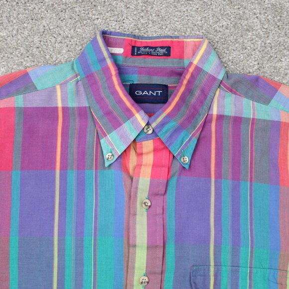 GANT Foxhunt Plaid Shirt Mens Large Pink/Blue/Yellow Cotton/Poly Short Sleeve - Picture 6 of 13